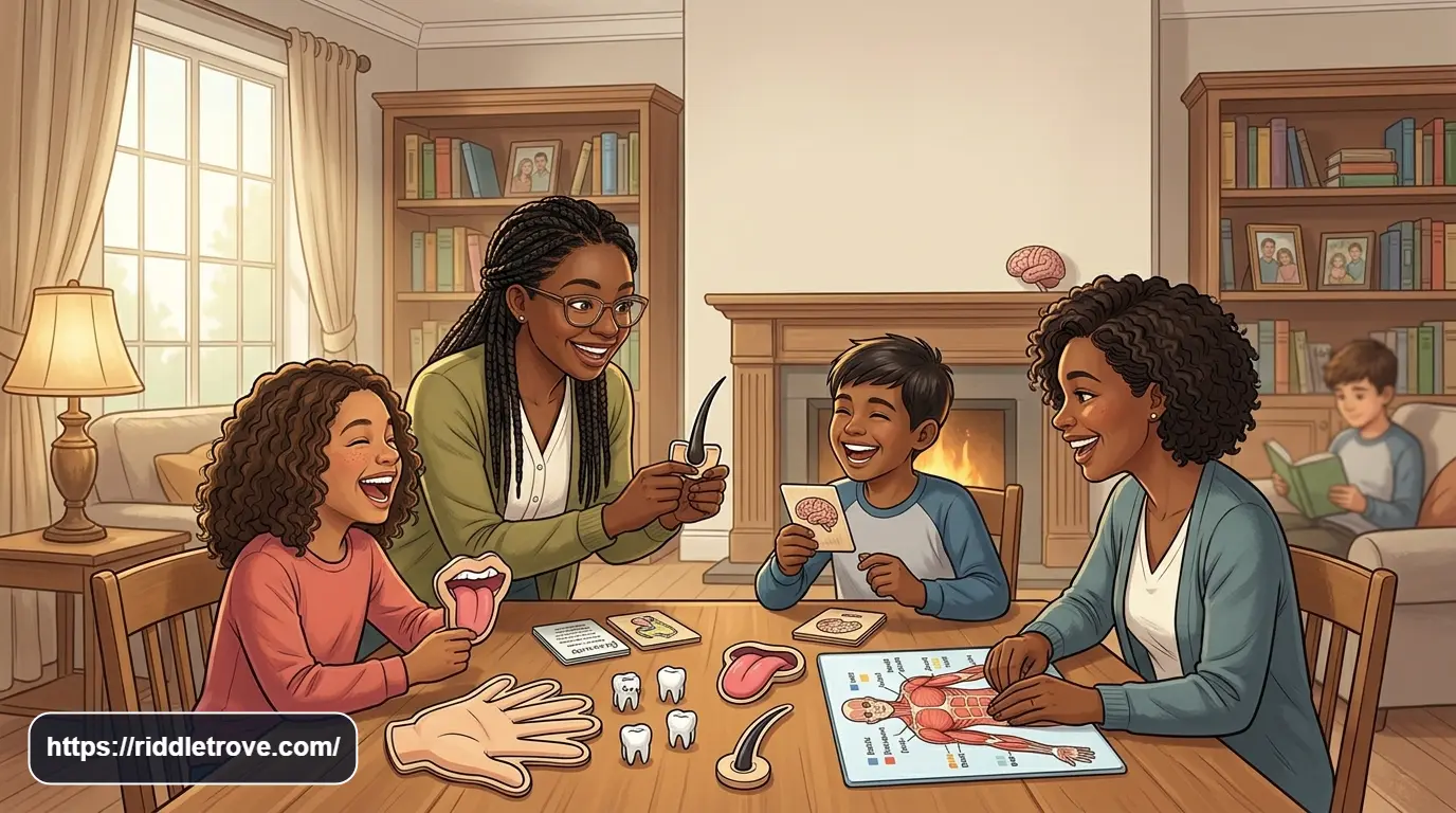 Family laughing while solving funny human body riddles together
