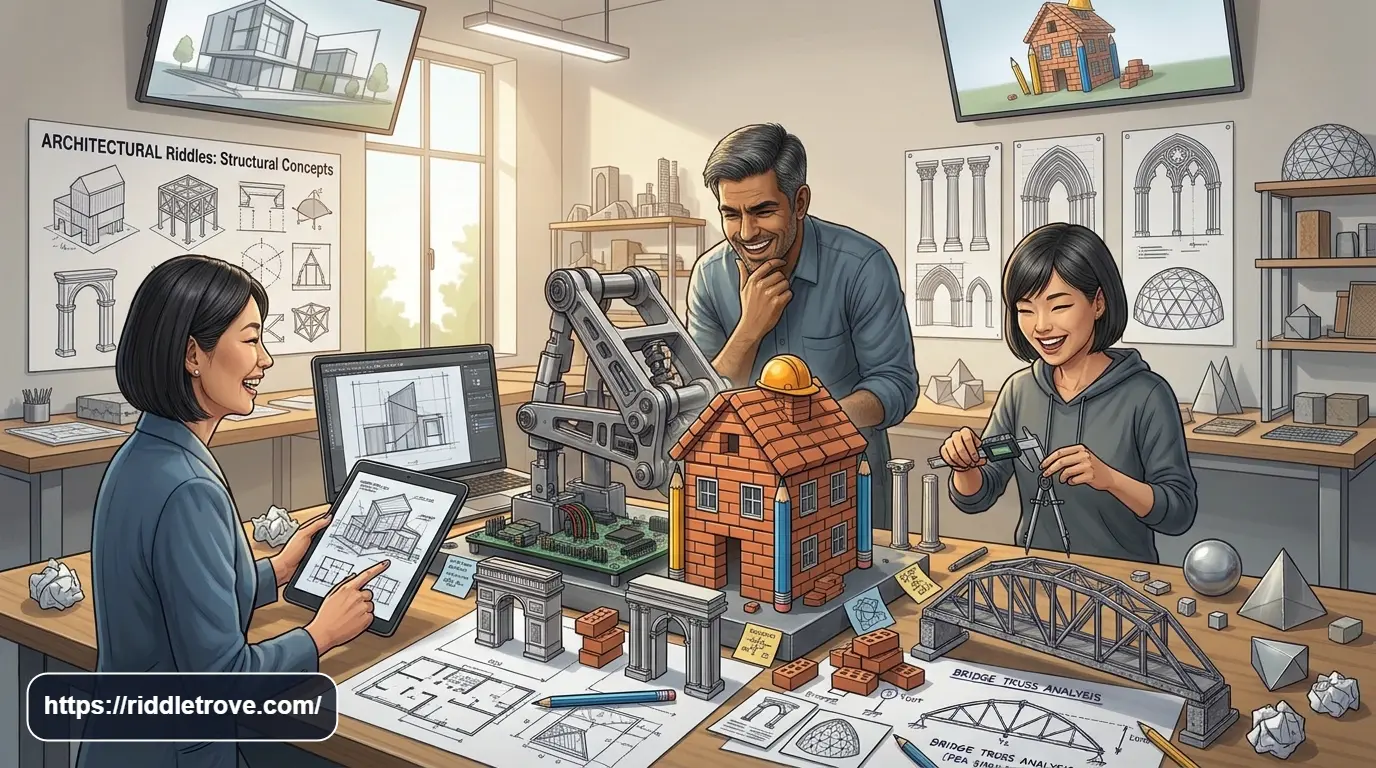 Playful architecture students laughing while solving funny building riddles