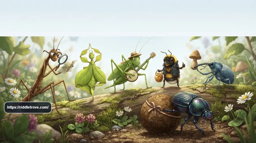 Playful insects creating a funny scene for riddle solving

