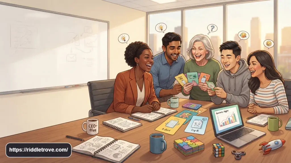 Coworkers laughing while solving funny business riddles during a team activity

