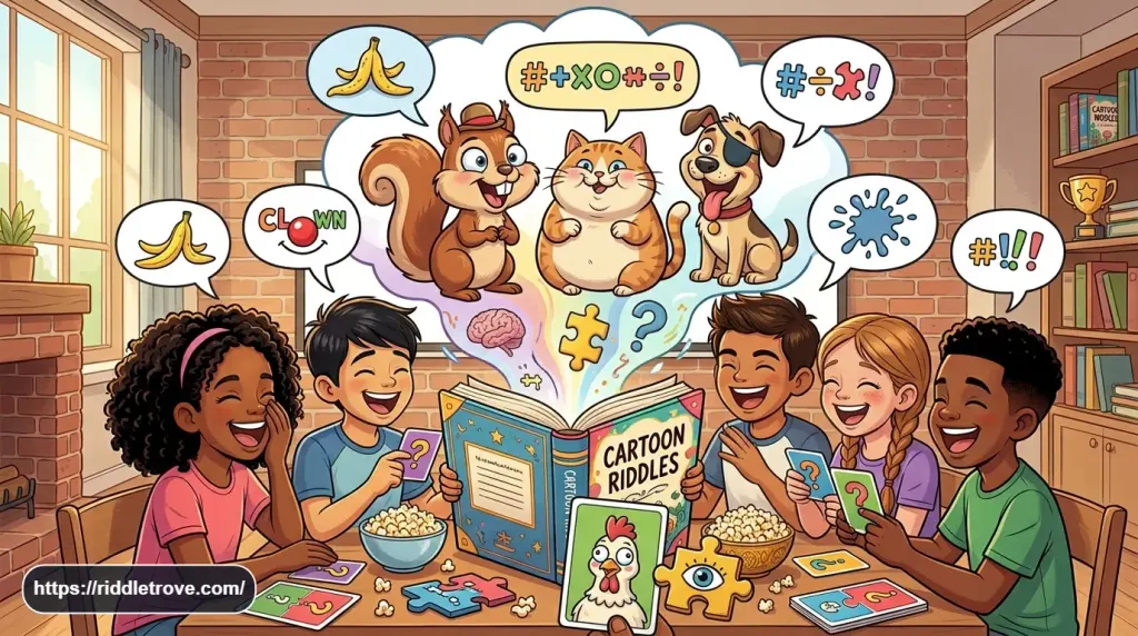 Children laughing while solving funny cartoon riddles together
