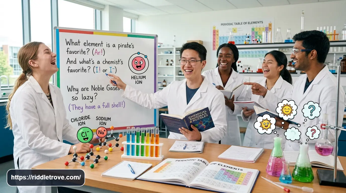 Students enjoying funny chemistry riddles during a playful science activity