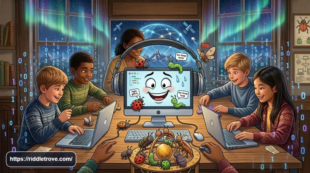 Playful cartoon computer surrounded by friendly bug characters for funny computer science riddles.