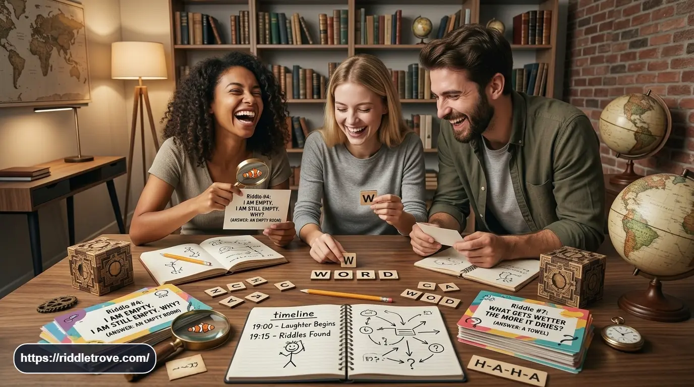 Friends laughing while solving funny cryptic riddles together