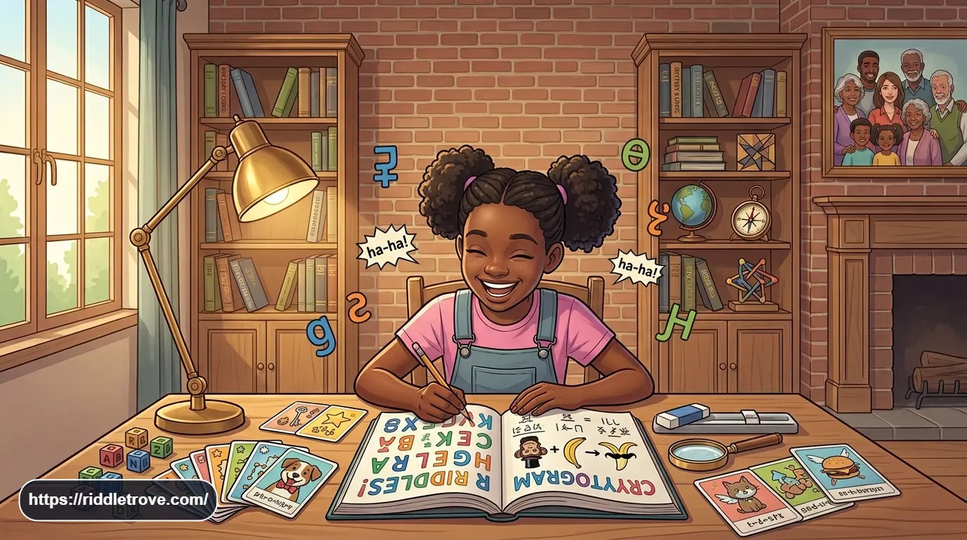 Child laughing while solving a funny cryptogram riddle puzzle