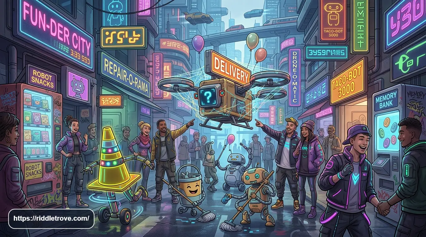 Funny cyberpunk city street with playful robots, neon lights, and quirky futuristic characters