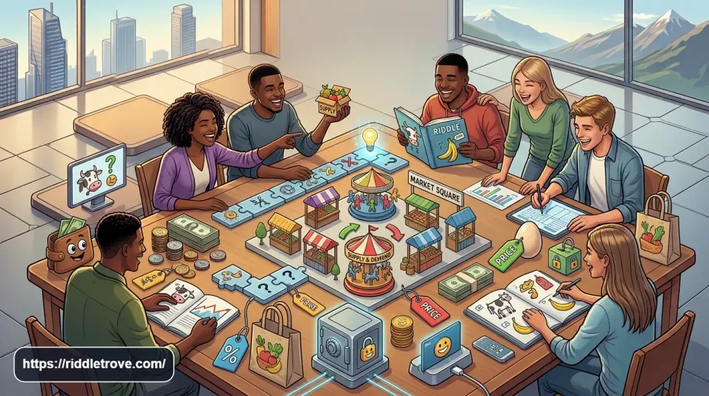 Students laughing while solving playful economics riddles about money and markets