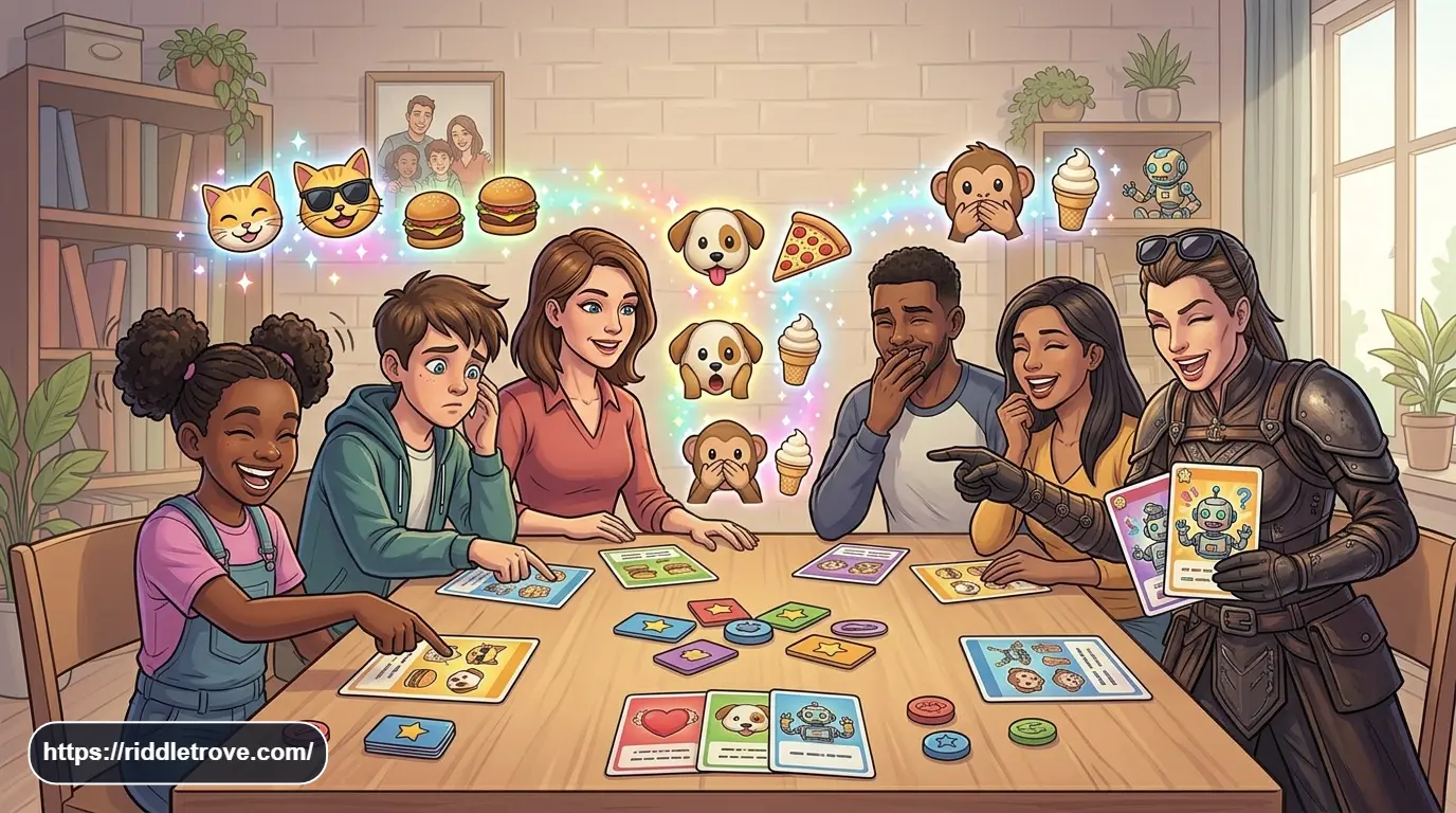 Friends laughing while solving funny emoji riddles together