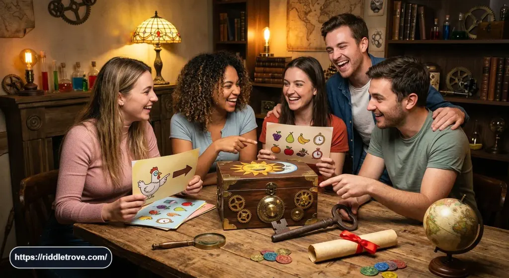 Friends laughing while solving funny escape room riddles around a puzzle table