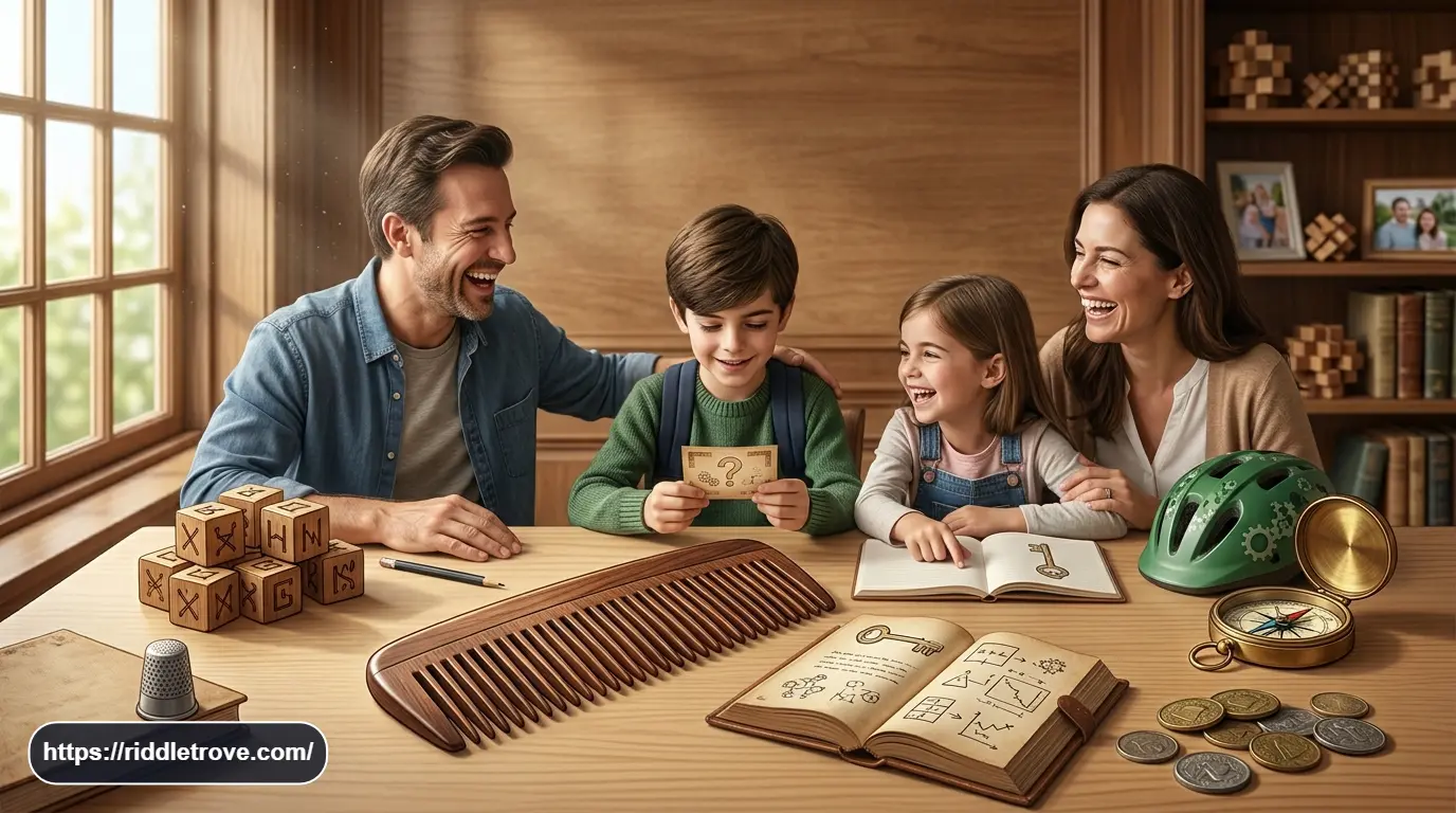 Family laughing together while solving playful riddles at home