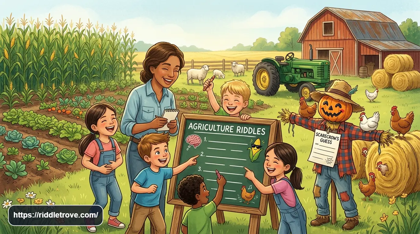 Children laughing while solving funny agriculture riddles on a farm

