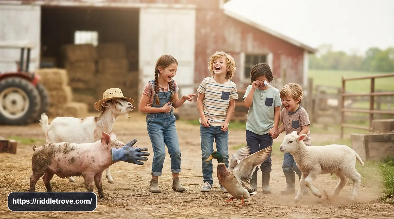 Playful children laughing near amusing pigs, goats, ducks, and farm animals