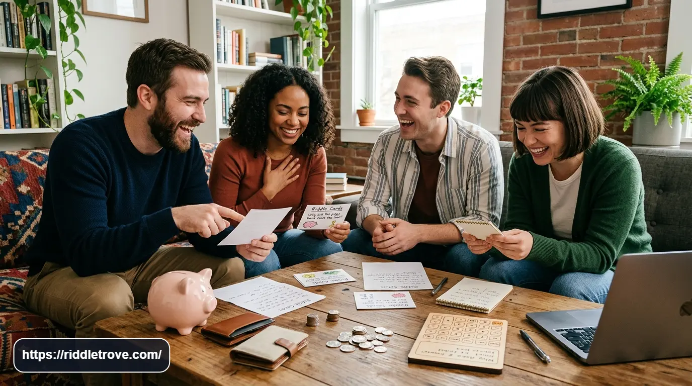 Friends laughing while solving funny finance riddles with coins and money clues