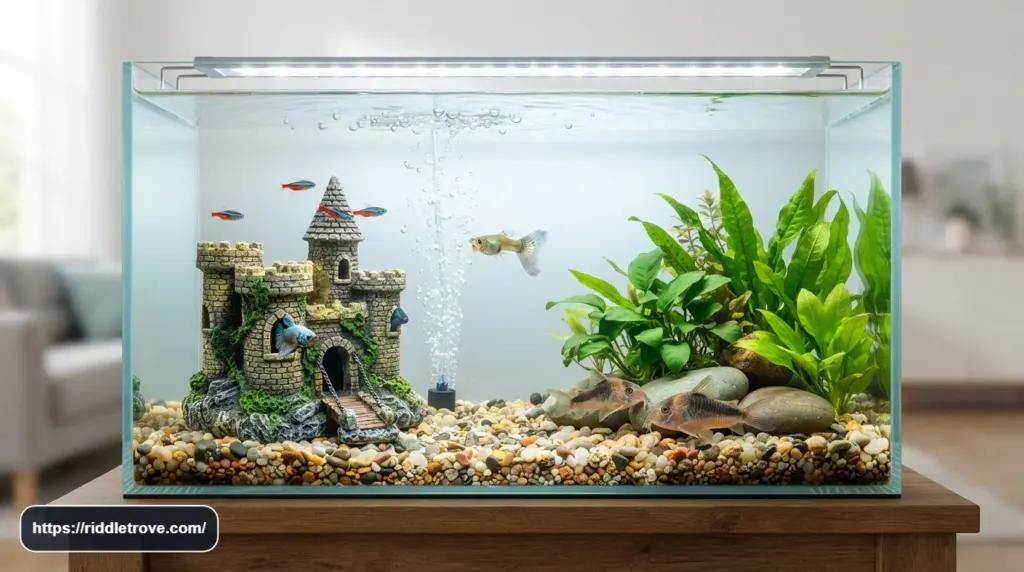 Playful colorful fish creating a funny aquarium scene for children


