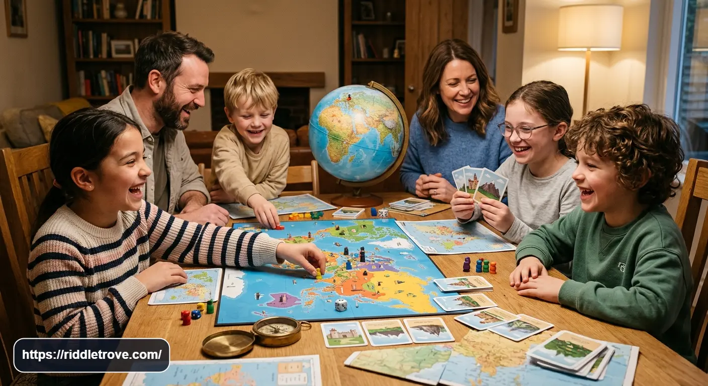 Children laughing while playing a funny geography riddle game with maps