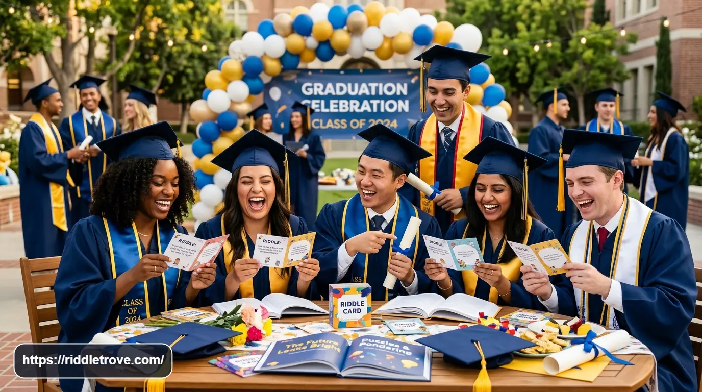 Graduates laughing while solving funny riddles at a graduation party