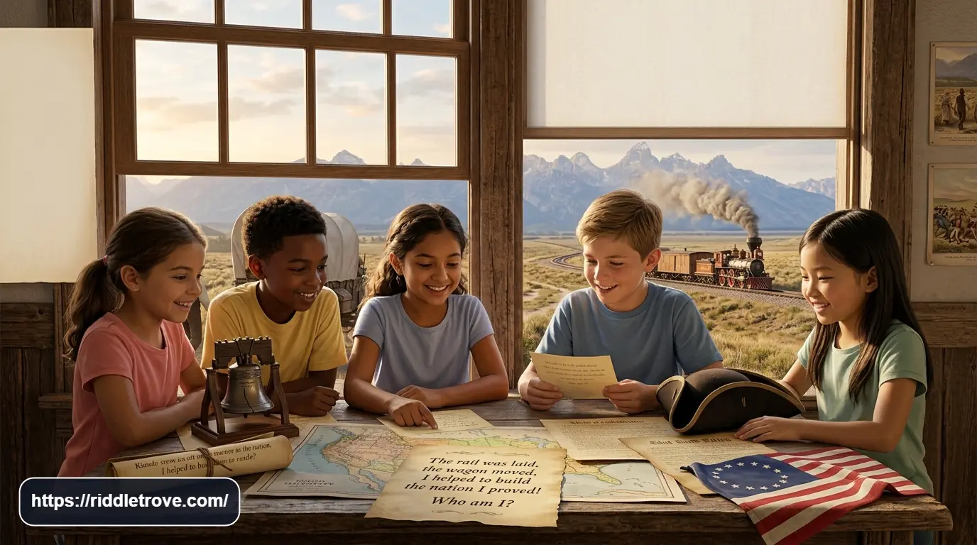 Children solving playful American history riddles with historic objects
