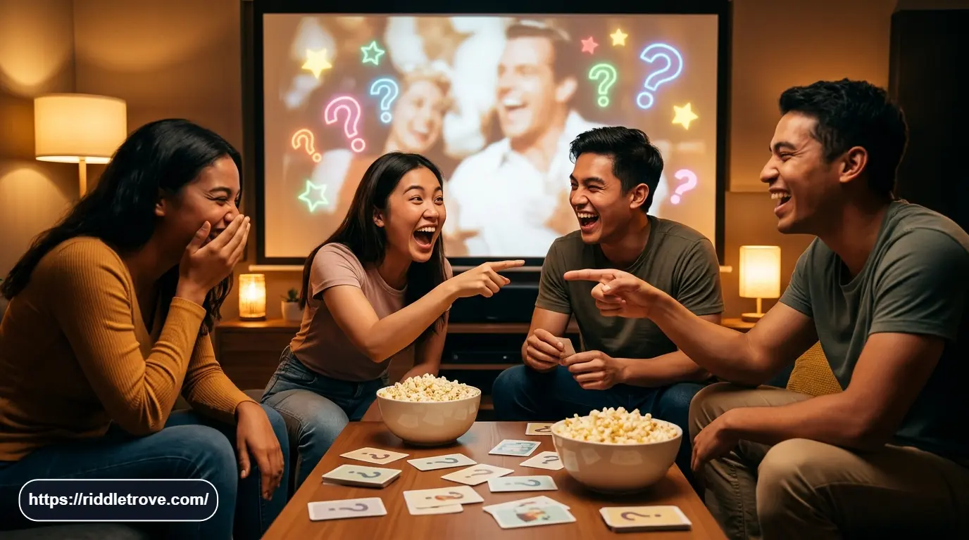 Friends laughing while solving funny movie riddles with popcorn