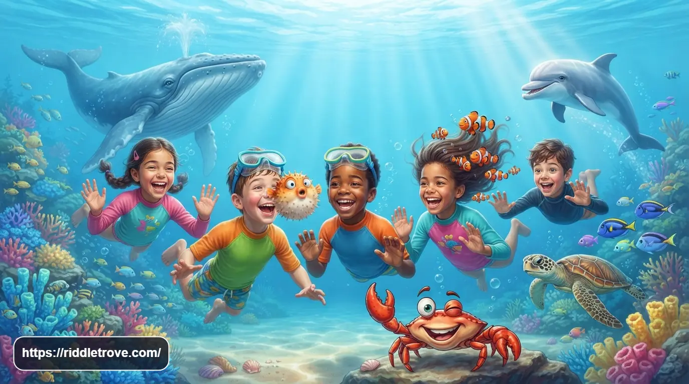 Playful children laughing while guessing funny ocean animal riddles

