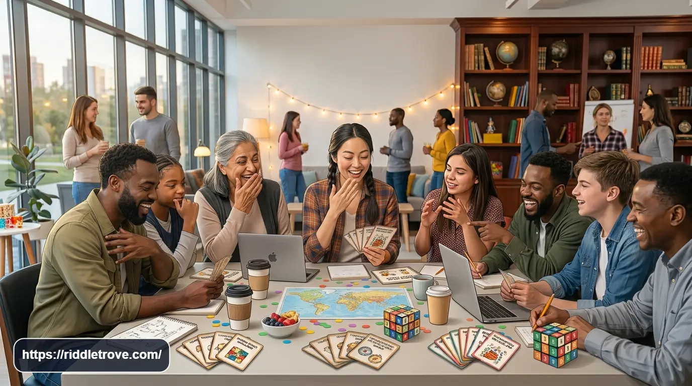 Coworkers laughing while solving funny riddles during an office game