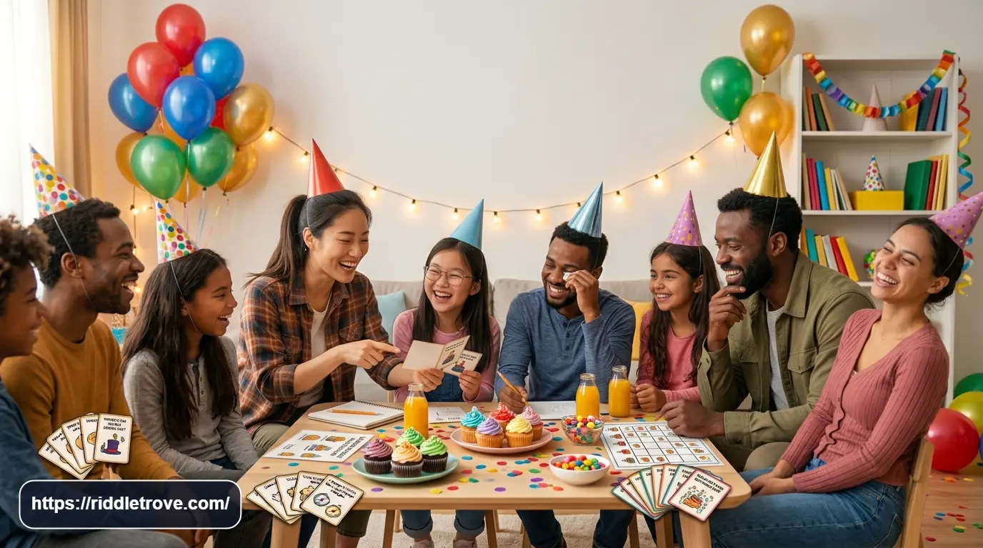 Friends laughing while sharing funny riddles at a lively party