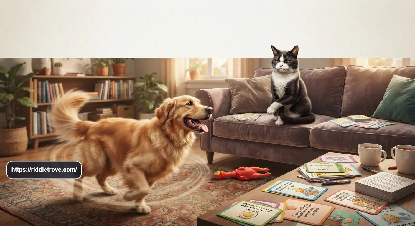 Playful dog and cat creating funny moments during a riddle game