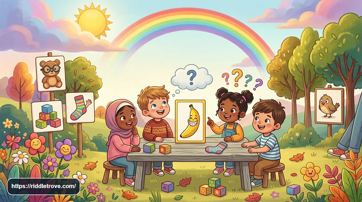 Preschool children laughing while solving funny riddles with playful toys and colorful picture clues