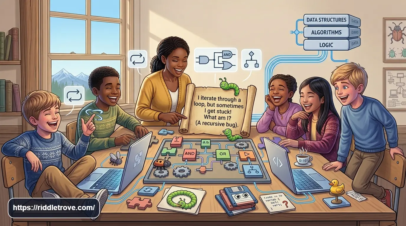 Young programmers laughing while solving funny computer coding riddles

