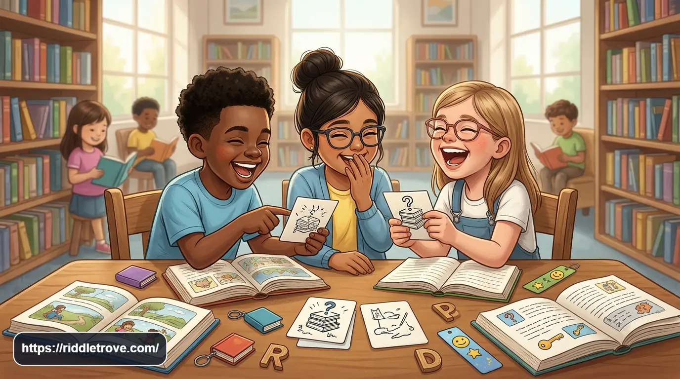Kids laughing while solving funny reading riddles from books