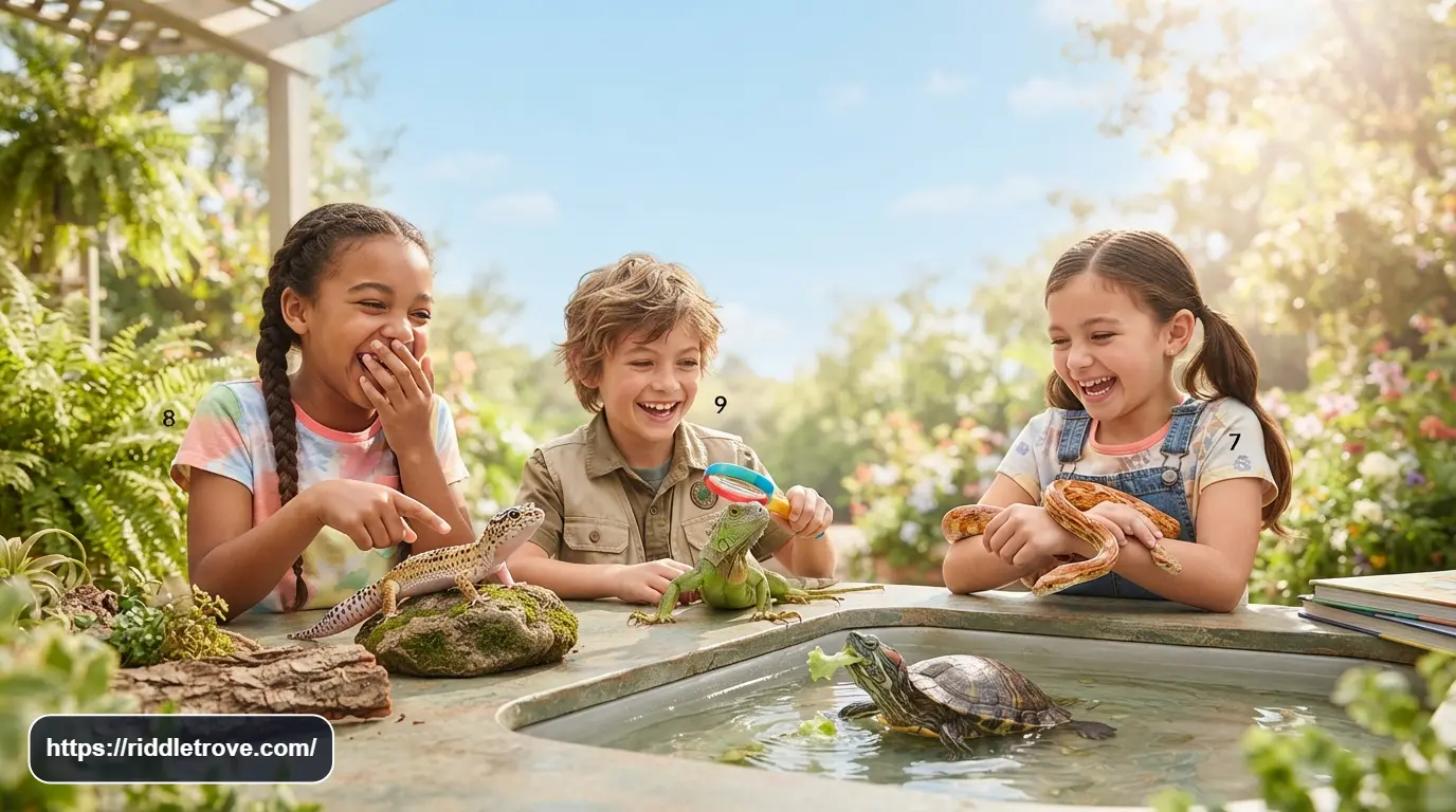 Playful children laughing while solving funny riddles about snakes and lizards