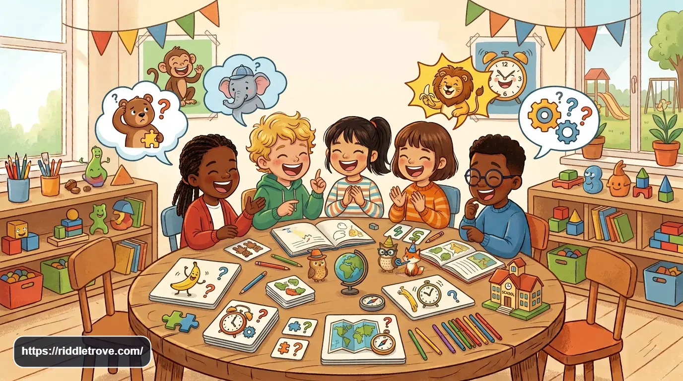 Funny riddles for 8 year olds with children laughing and solving playful puzzles