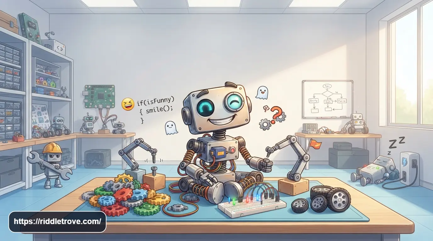 Funny robot surrounded by gears, circuits, and robotics tools in a playful lab