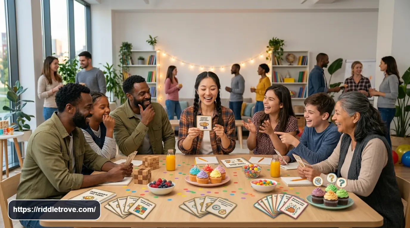 Friends laughing while solving funny team building riddles together