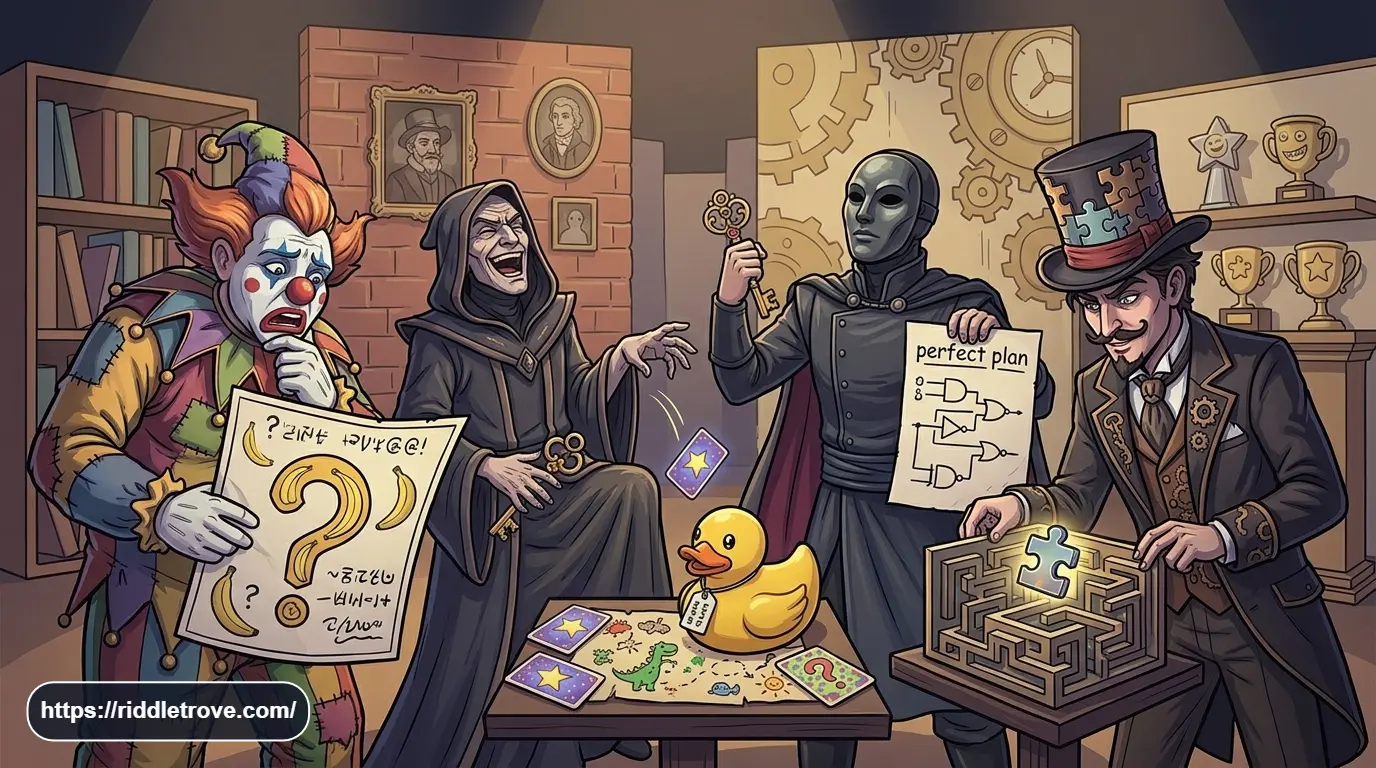 Funny cartoon villains reacting to playful mystery clues