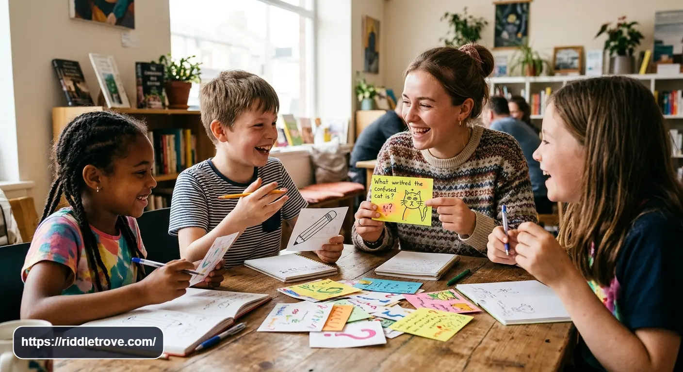 Friends laughing while solving funny writing riddles together