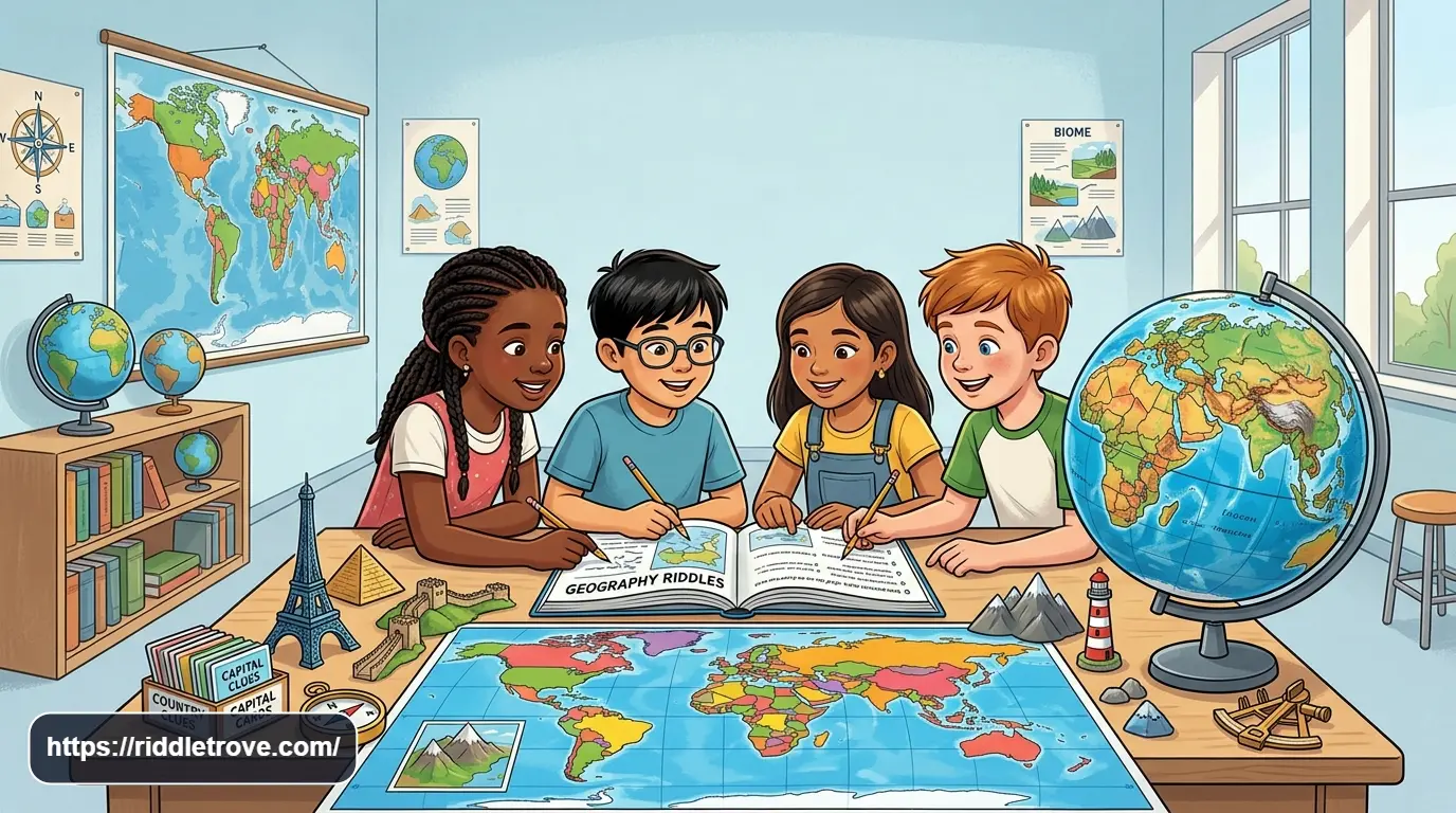Children solving geography riddles beside a colorful world map and globe