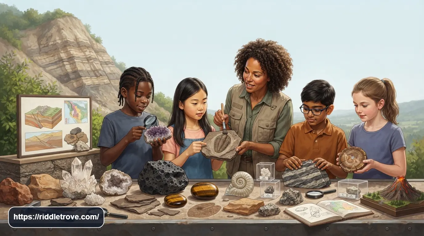 Geology riddles with rocks, crystals, fossils, and Earth science clues