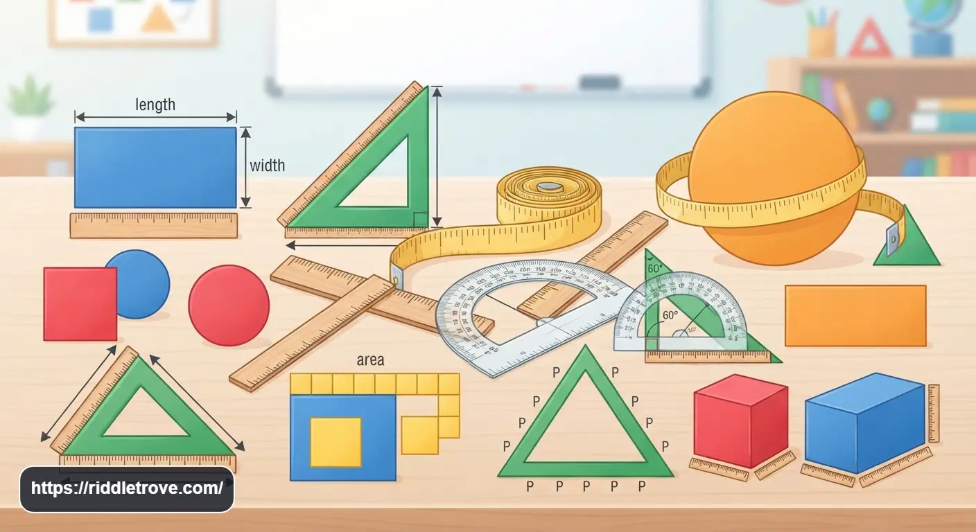 Geometry measurement riddles with rulers, protractors, shapes, angles, area, and perimeter