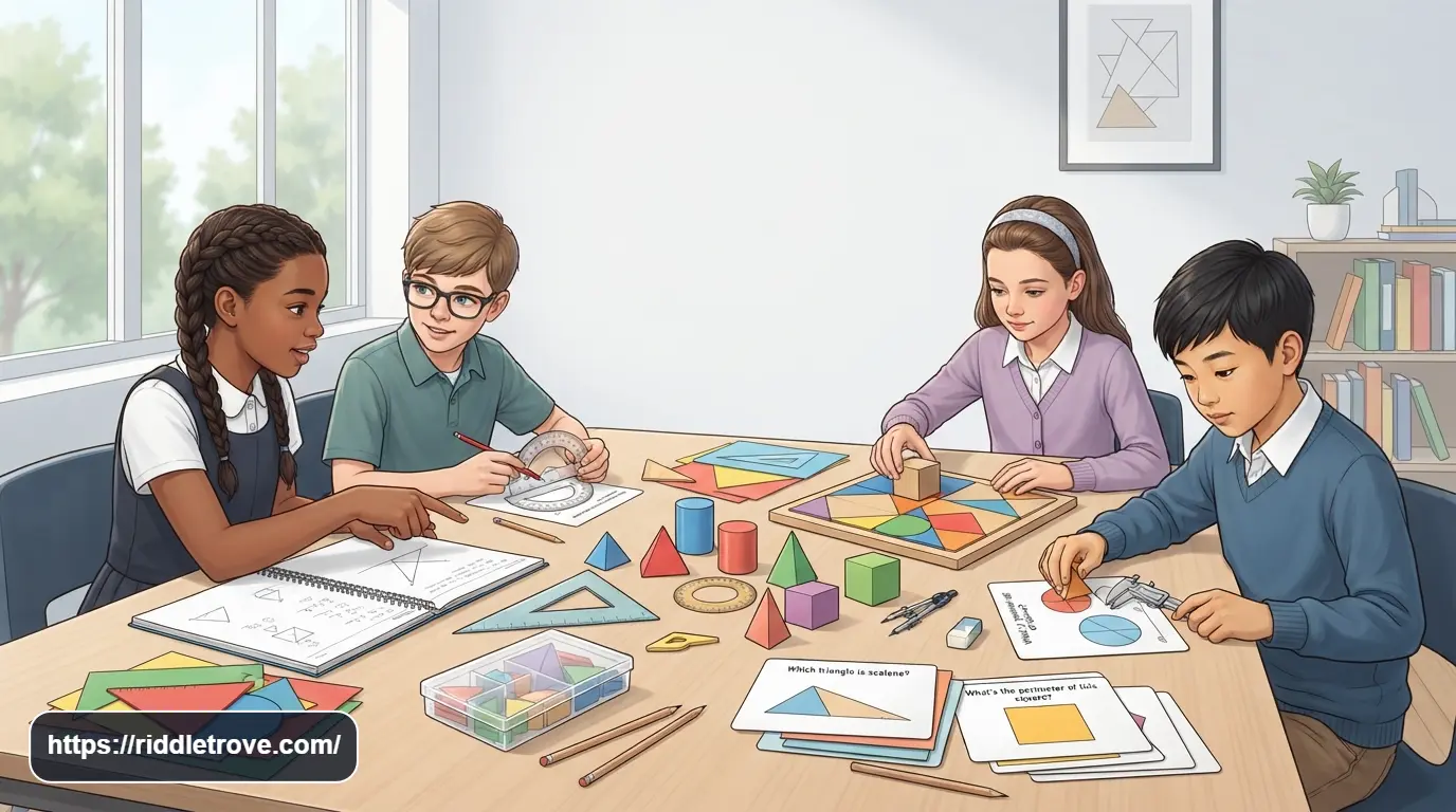 Students solving geometry riddles with colorful shapes and geometric diagrams