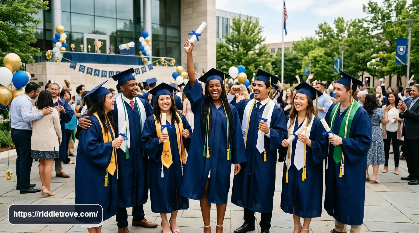 Graduates celebrating success with diplomas at a graduation ceremony