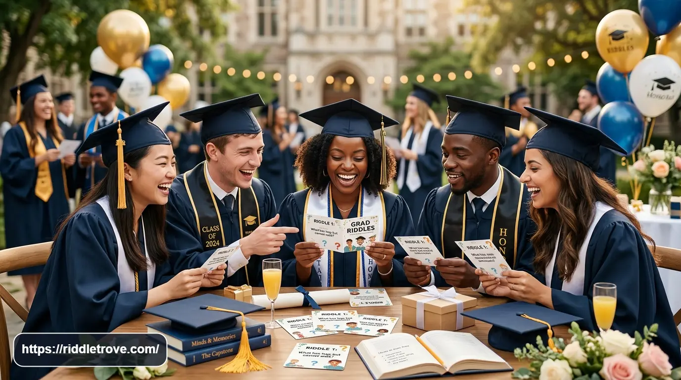 Graduates solving fun graduation riddles together at a celebration
