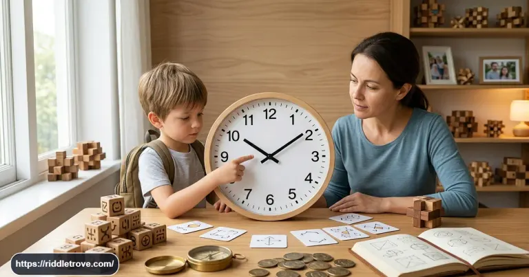 Analog clock with hands beside a person solving a riddle