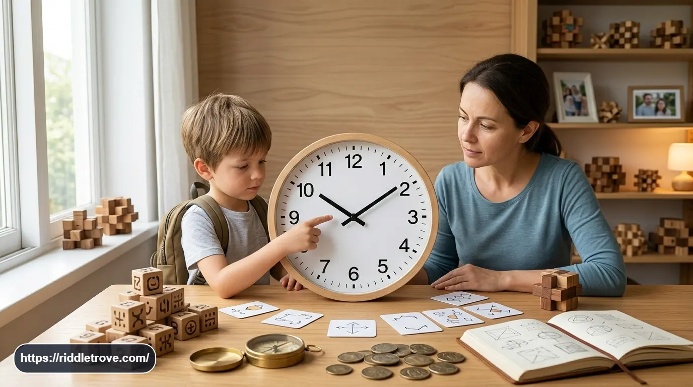 Analog clock with hands beside a person solving a riddle