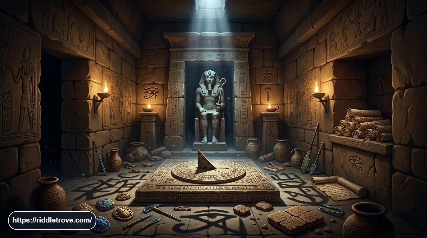 Hard ancient riddles featuring statues, sundials, inscriptions, scrolls, and hidden artifacts