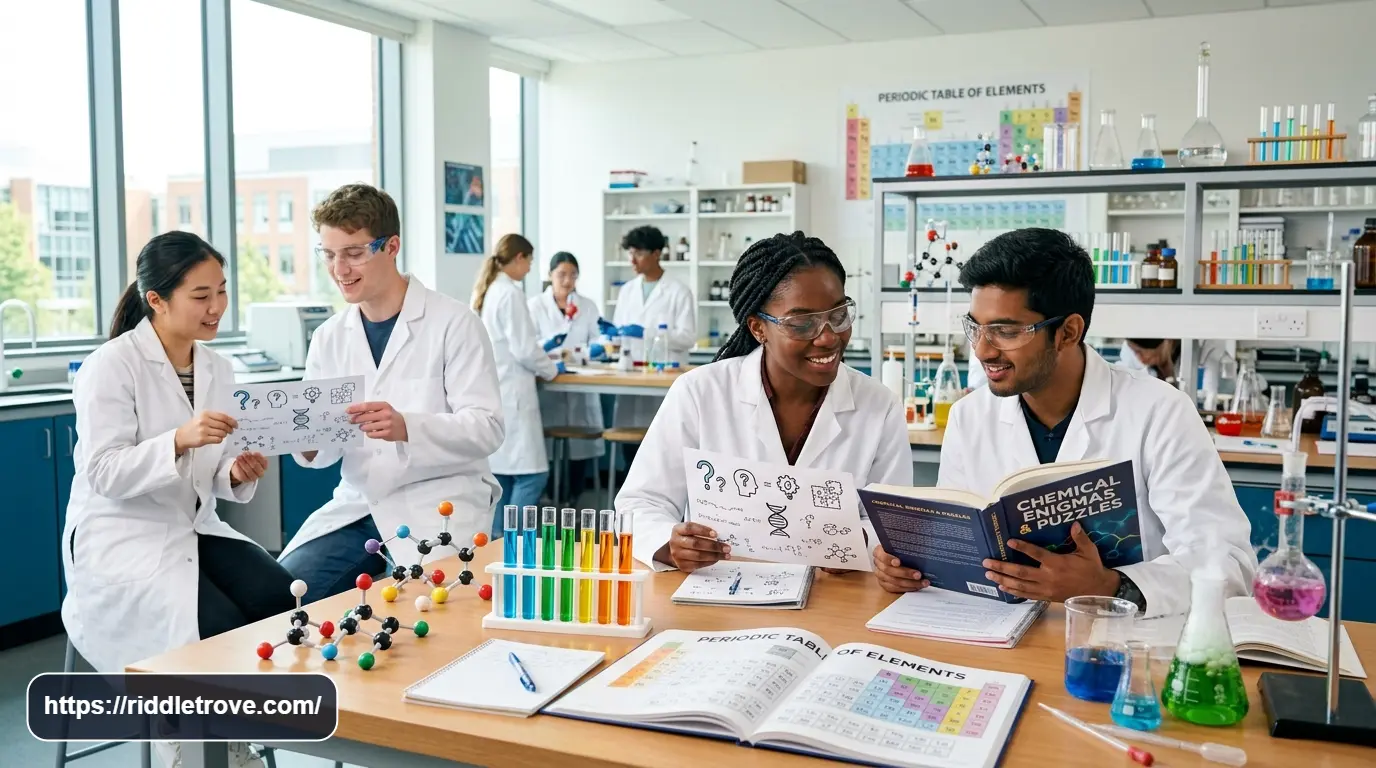 Chemistry riddles with answers featuring atoms, test tubes, and periodic table clues