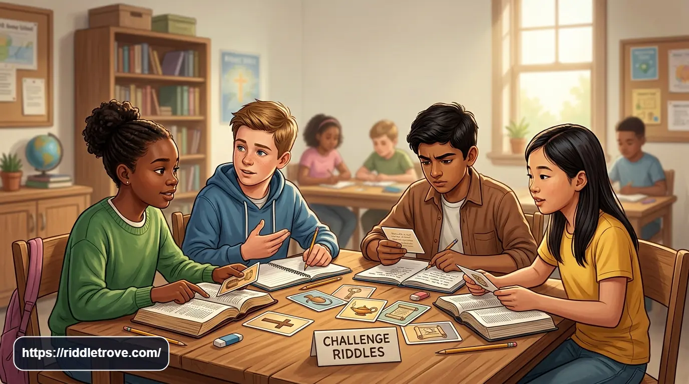 Older kids solving challenging Bible riddles during Sunday school