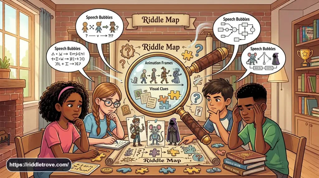 Older kids concentrating on challenging cartoon riddles and puzzle clues