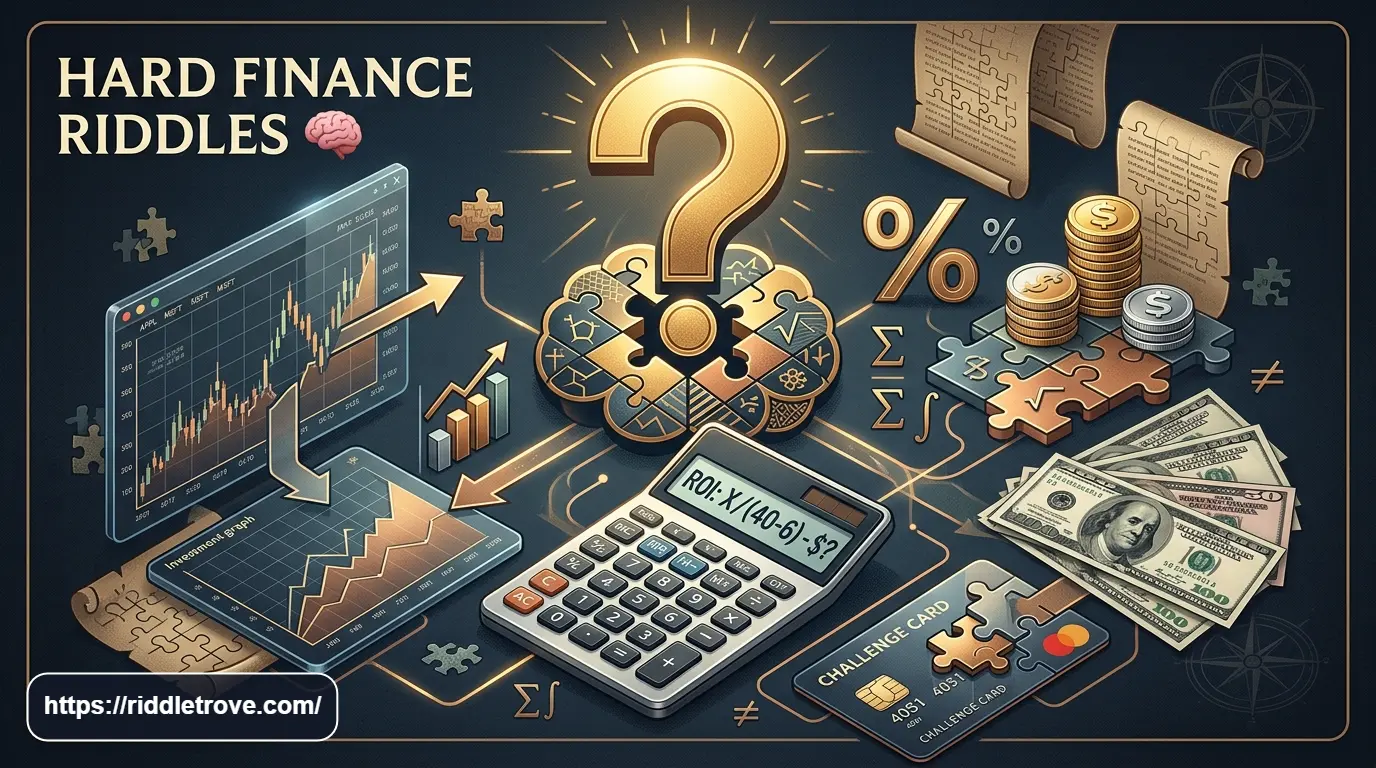 Hard finance riddles with calculators, investment charts, money, and financial puzzle symbols