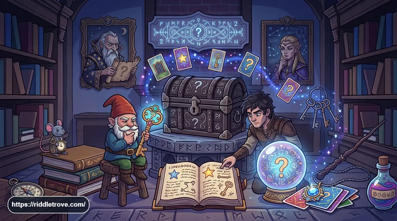 Hard magic riddles with a wizard solving puzzles beside an ancient spellbook