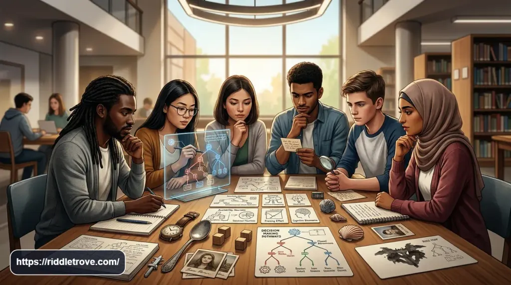 Students tackling difficult psychology riddles involving cognitive biases, judgment, and decision-making